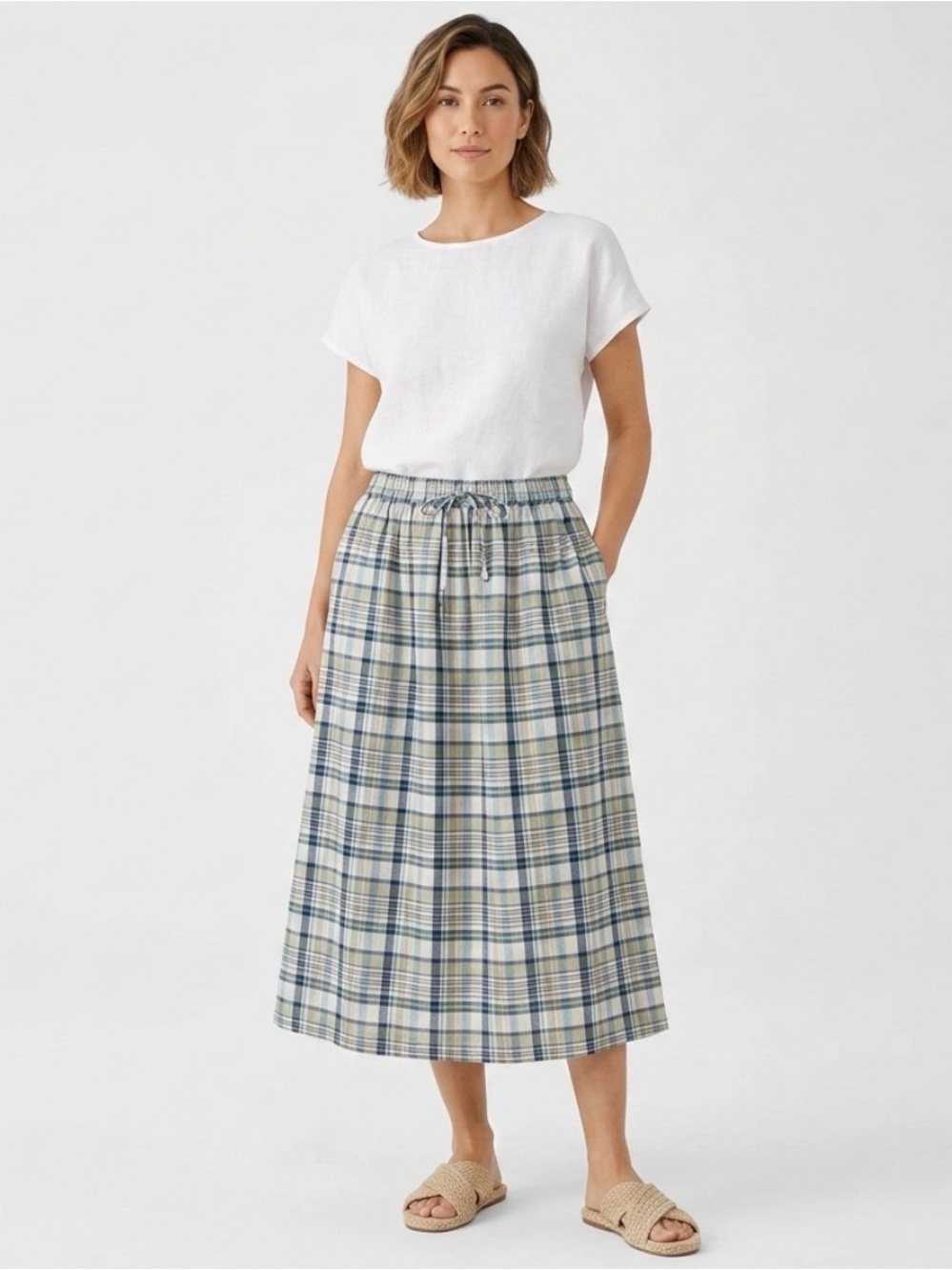Orvis Navy Sage Tan Plaid Midi Skirt Size Large - Picture 10 of 10